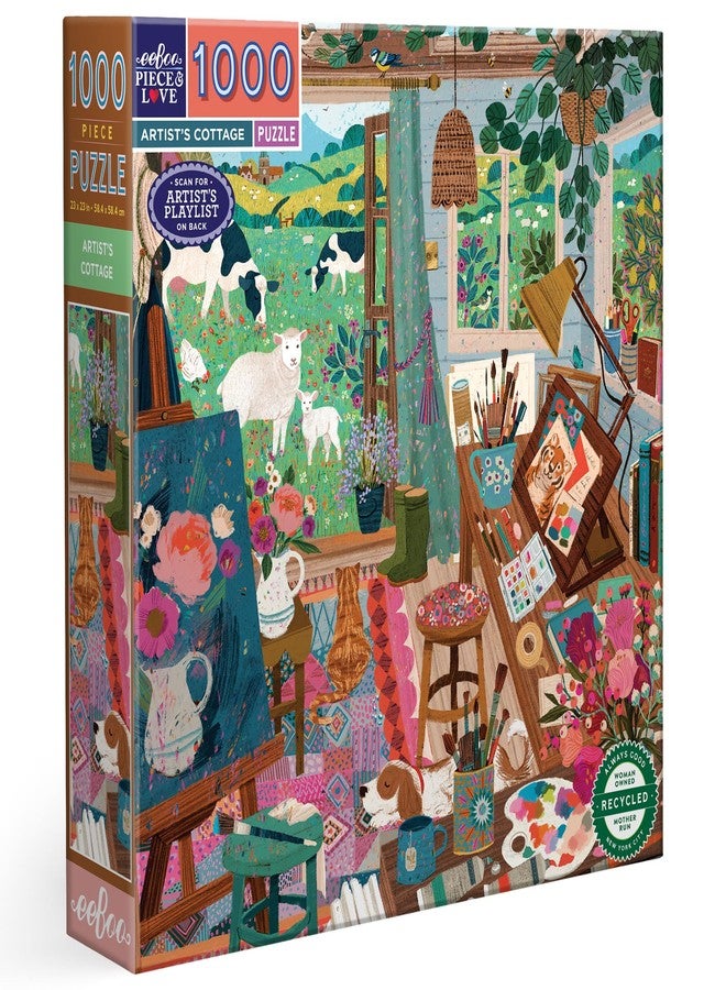 eeBoo Piece & Love: Artist's Cottage - 1000 Piece Puzzle - Adult Square Jigsaw, 23x23, Includes Image Reference Insert, Glossy Pieces - Image 1